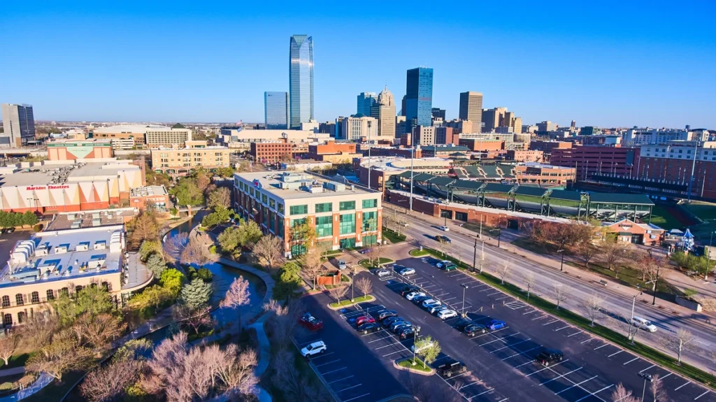 Aerial of shopping center and Oklahoma city view