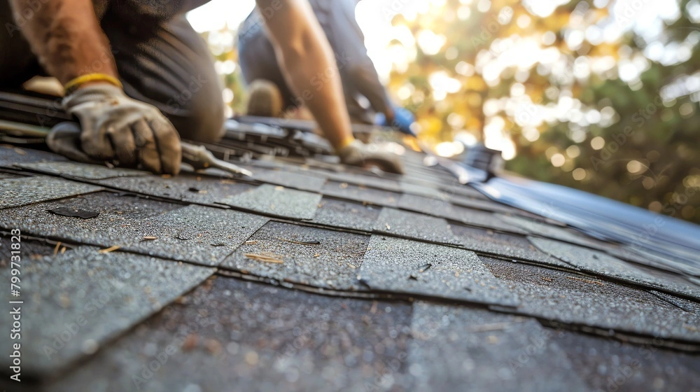 Close up of roofing contractors installing owens corning duration shingles