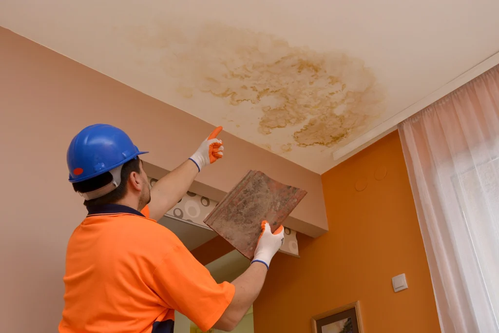 roofer pointing to leak in roof. he is examining a problem area on the ceiling