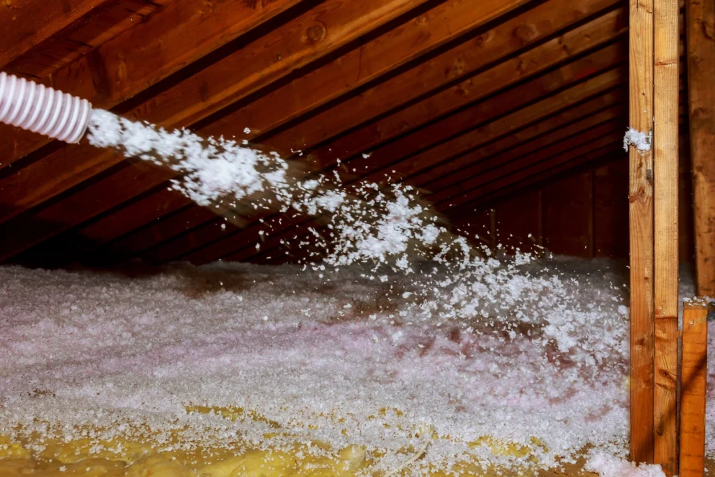 attic insulation being applied to ensure a longer lasting roof