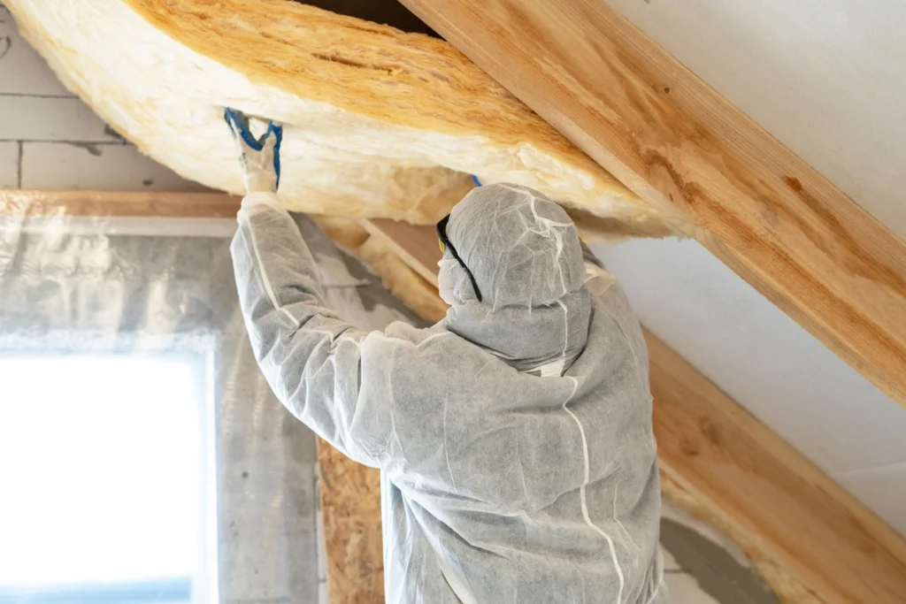 roofer installing attic insulation for a longer lasting roof