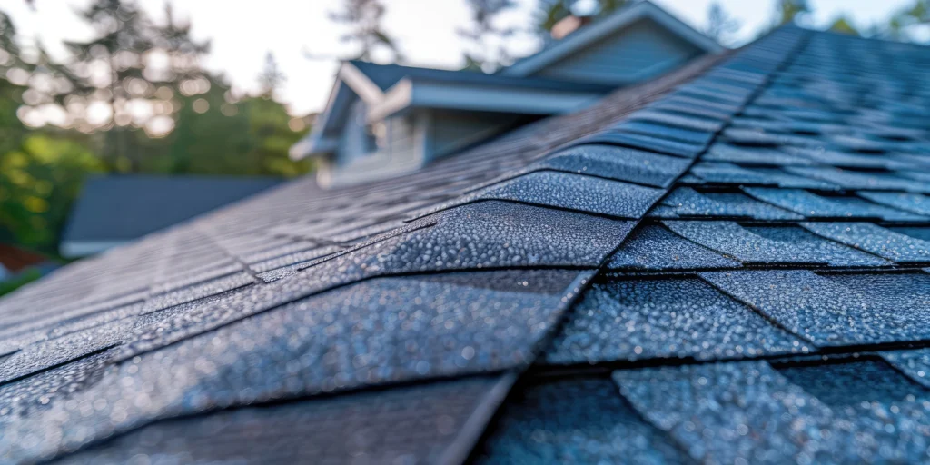 Close up view of owens corning shingles installed on roof