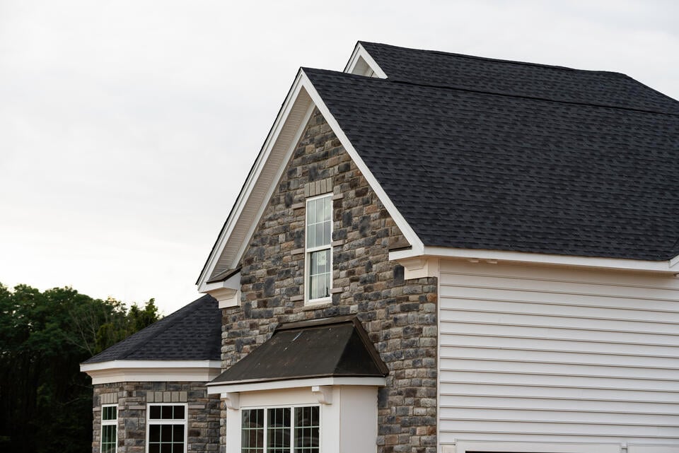 black roof shingles-home with siding and stone facade with black shingle roof