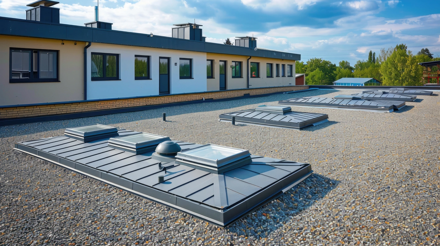 close up to BUR roof installation with tar and gravel roofing