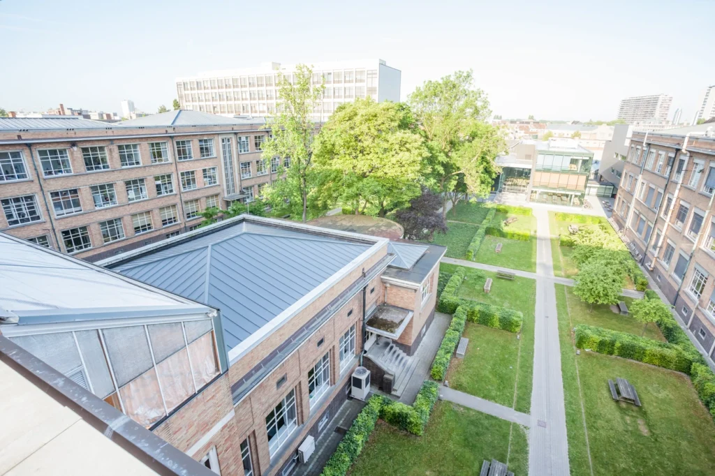 aerial view of single ply roofing and green courtyard
