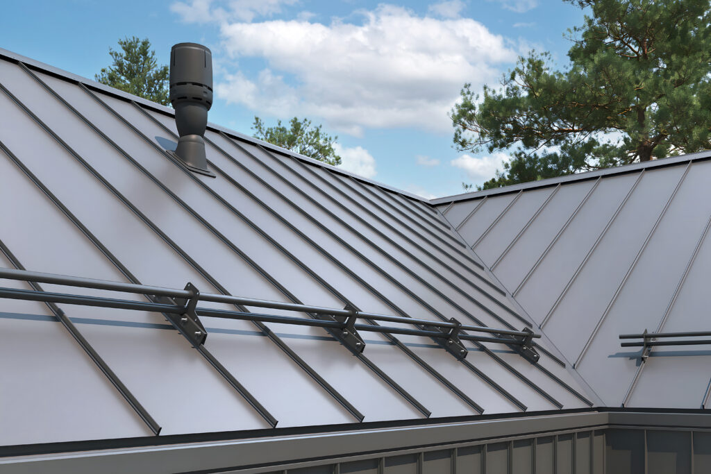 metal roofing types Close-up house retro roof panel with standing seam and fasteners. Classic style black metal panel with rebate joint. Modern galvanized steel roofing sheet with ribs. Falz roofing. Building's covering
