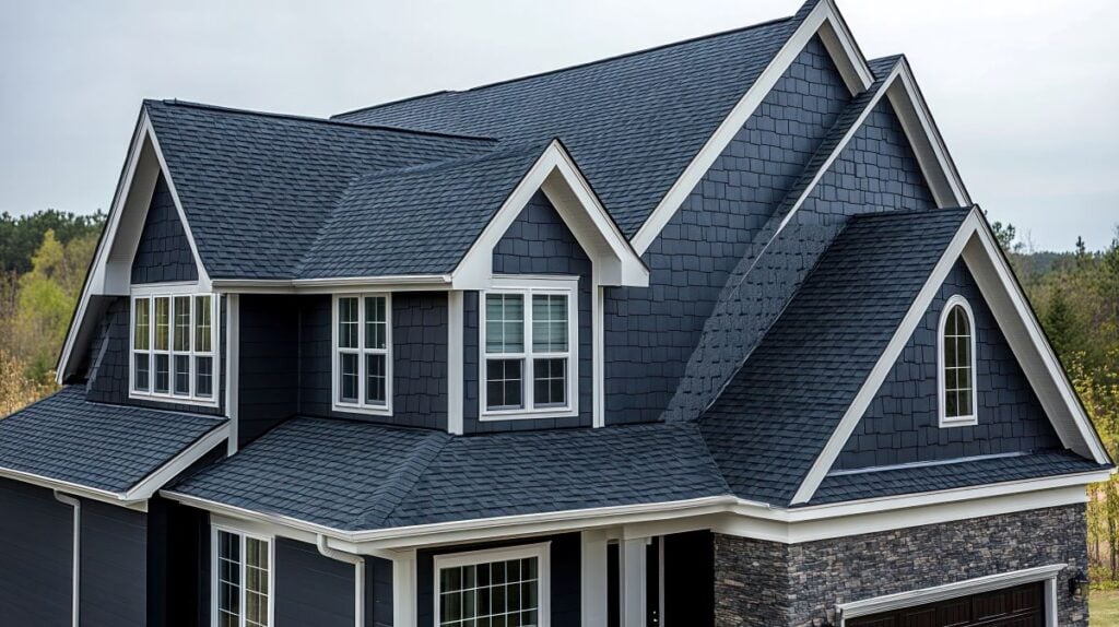 dark gray shingle roof on a luxury house