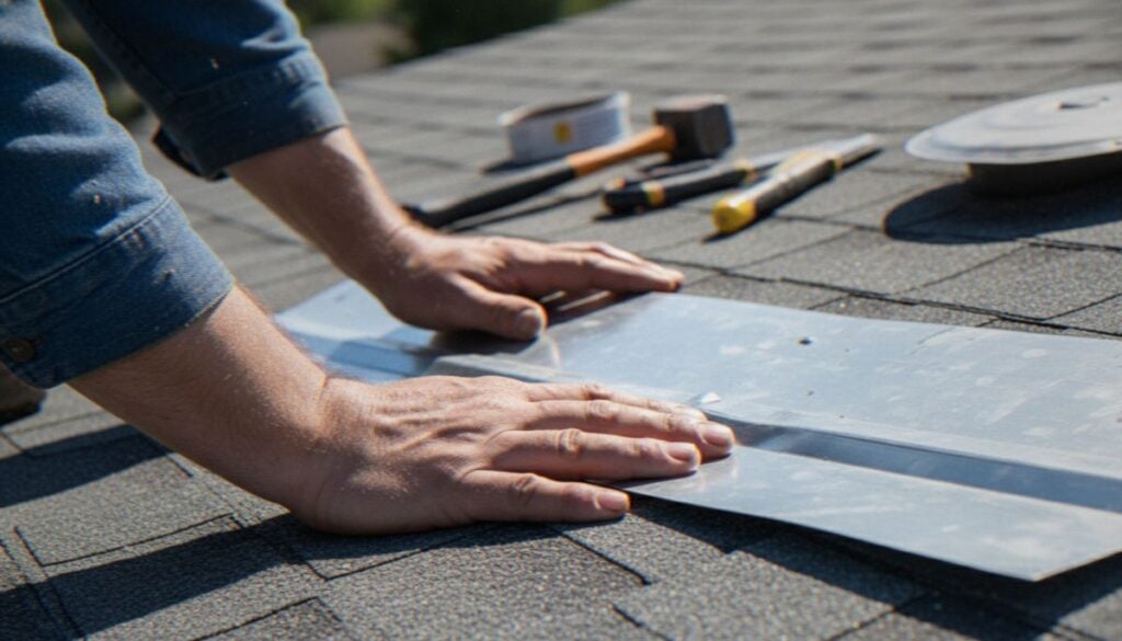 A close-up view of a professional roofer's hands installing metal flashing on a residential asphalt shingle roof during a repair